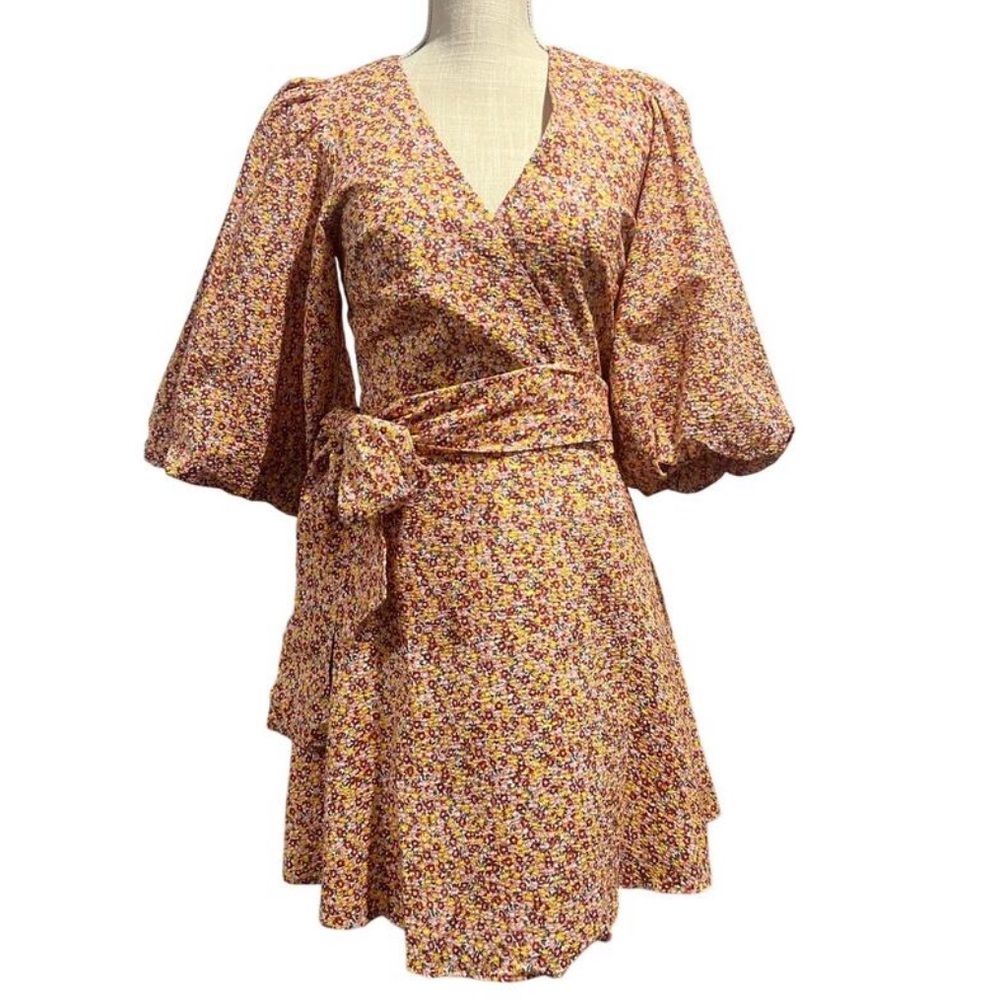 MINKPINK Morwell Cotton Mini Wrap Crepe Dress Puff Sleeves Tag XL Fits Sz Med - Picture 6 of 10